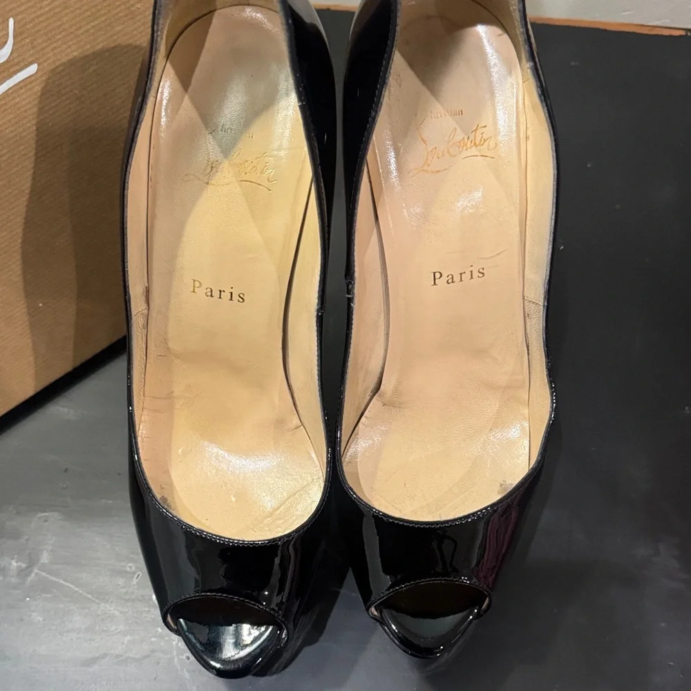 Christian Louboutin Glossy Black Peep Toe Heels - Picture 6 of 8